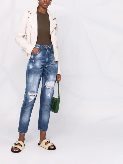 Philipp Plein High-rise Distressed Cropped Jeans In Blue