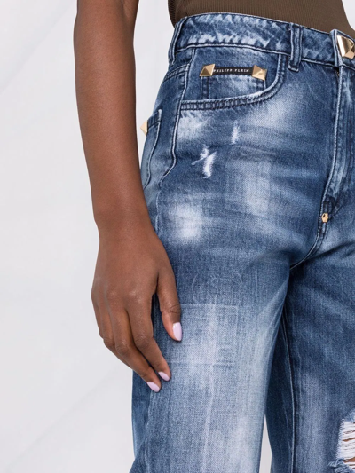 Philipp Plein High-rise Distressed Cropped Jeans In Blue