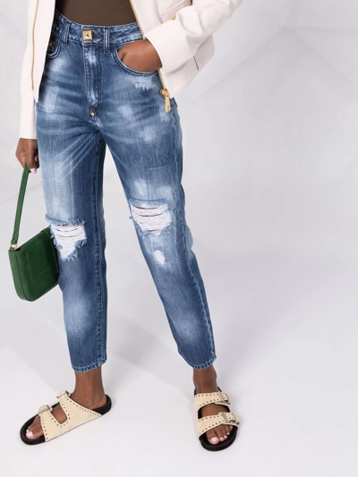 Philipp Plein High-rise Distressed Cropped Jeans In Blue