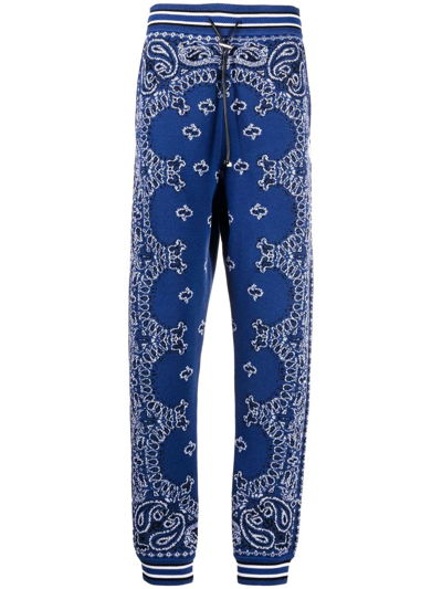 Amiri Tapered Bandana-jacquard Cotton And Cashmere-blend Sweatpants In Blau