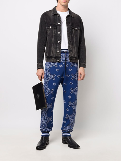 Amiri Tapered Bandana-jacquard Cotton And Cashmere-blend Sweatpants In Blau