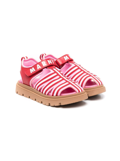 Shop Marni Logo-strap Stripe-print Sandals In Pink