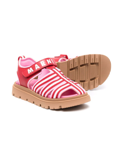 Shop Marni Logo-strap Stripe-print Sandals In Pink