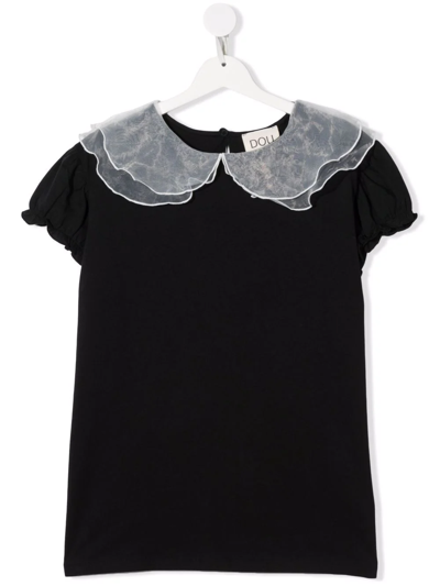 Douuod Teen Peter Pan-collar Cotton T-shirt In Black