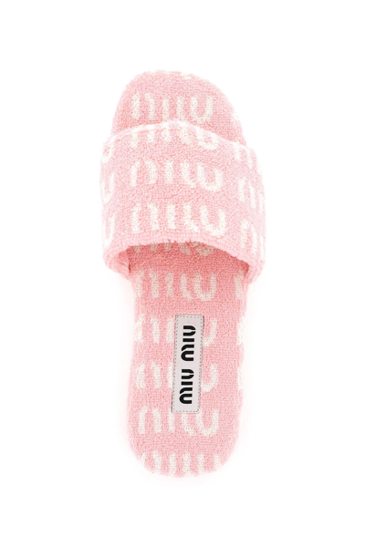 Shop Miu Miu Logo Terrycloth Slides In Pink,white