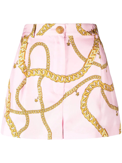 Shop Versace Chain-print High-waisted Shorts In Pink