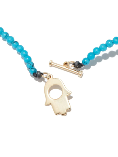Luis Morais 14k Yellow Gold Hamsa Beaded Turquoise 20 Inch Necklace In Gold