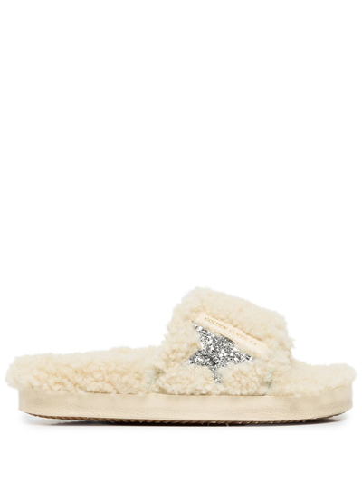 Shop Golden Goose Glittered Shearling Mules In Nude