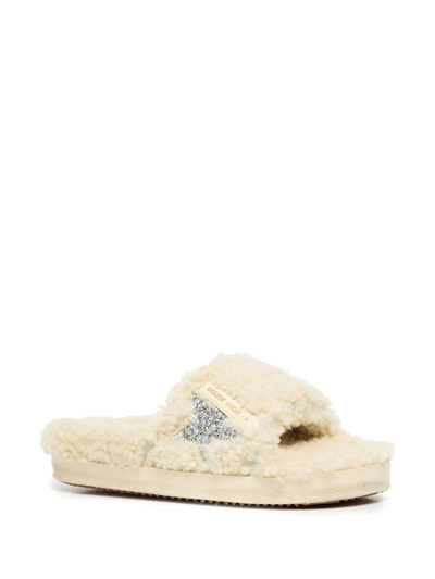 Shop Golden Goose Glittered Shearling Mules In Nude