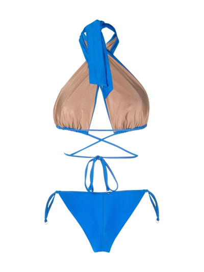 Noire Swimwear Shiny-finish Triangle-cup Bikini Set In Blau