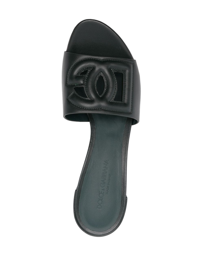 Shop Dolce & Gabbana Dg Logo Embossed Leather Slides In Green