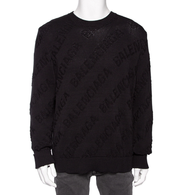 Pre-owned Balenciaga Black Logo Jacquard Cotton Oversized Sweater M