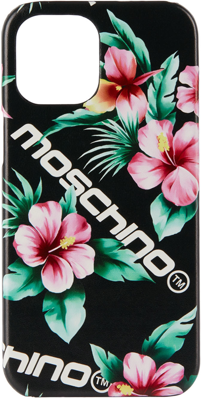 Shop Moschino Black Flowers Logo Iphone 12 Pro Max Case In 2555