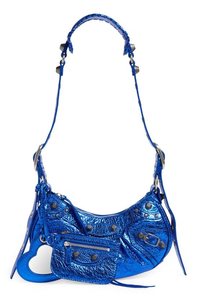 Balenciaga Extra Small Le Cagole Crinkle Metallic Lambskin Shoulder Bag In Dark Blue
