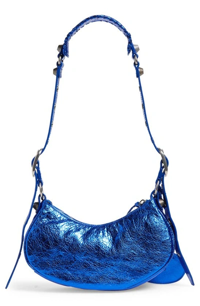 Balenciaga Extra Small Le Cagole Crinkle Metallic Lambskin Shoulder Bag In Dark Blue