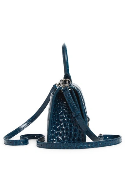 Shop Balenciaga Extra Small Hourglass Croc Embossed Leather Top Handle Bag In Dark Petrol Blue