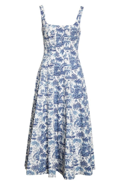 Shop Staud Wells Abstract Print Stretch Cotton Midi Dress In China Blue Toile