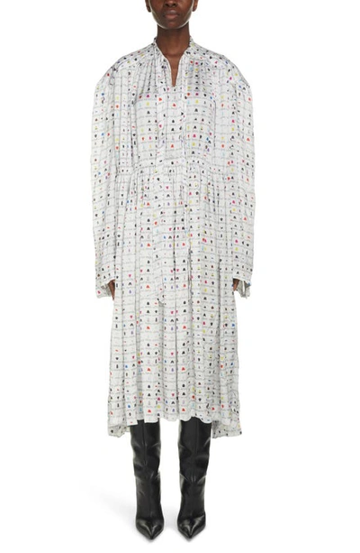 Shop Balenciaga Thumbnail Print Oversize Technical Satin Long Sleeve Midi Dress In White