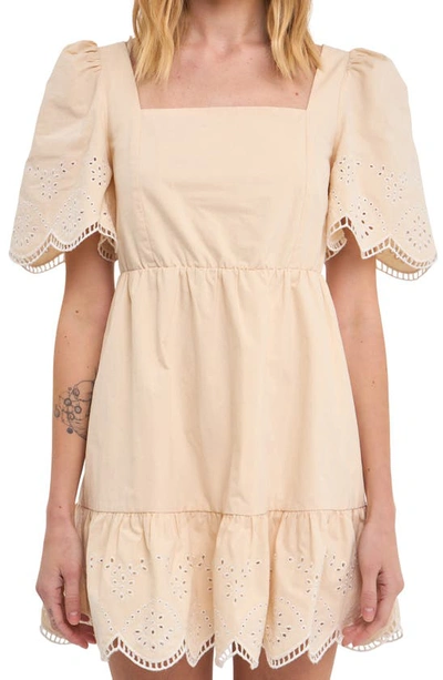 Shop English Factory Embroidered Ruffle Square Neck Dress In Beige