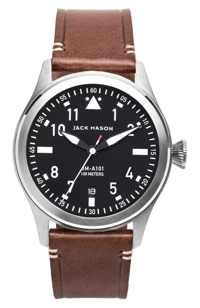 Shop Jack Mason Aviation Leather Strap Watch, 42mm In Black/ Silver/ Brown