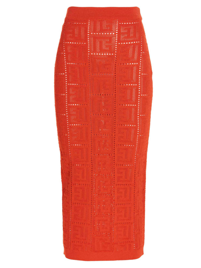 Shop Balmain Monogram Midi Skirt In Orange