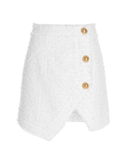 Shop Balmain Tweed Asymmetric Mini Skirt In White