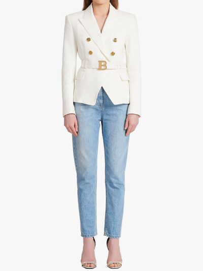 Shop Balmain Double-breasted Blazer With Buckle In White