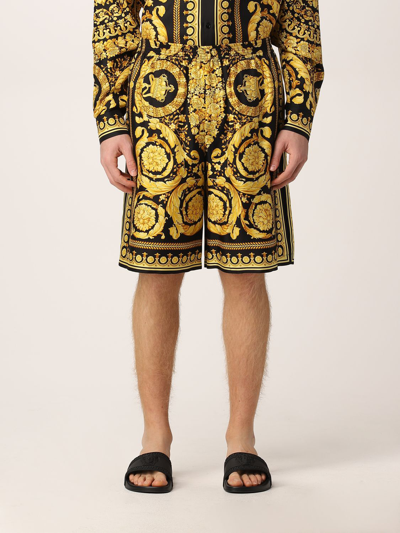Shop Versace Silk Shorts With Heritage Baroque Print In Black