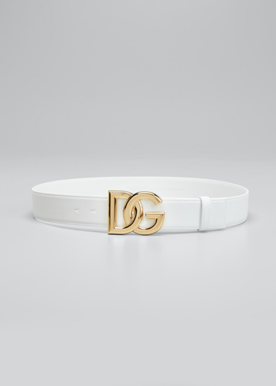 Shop Dolce & Gabbana Dg Logo Buckle Leather Belt In 80002 Bianco Otti