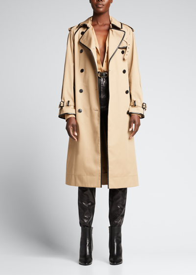 Shop Saint Laurent Leather Piping Belted Trench Coat In Ecru Nat