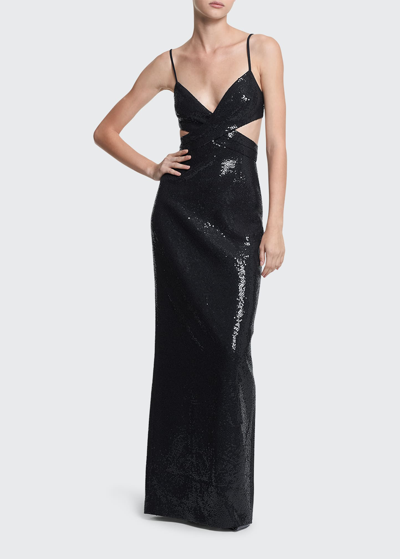 Shop Michael Kors Sequin-embellished Crossover Cutout Column Gown In Black