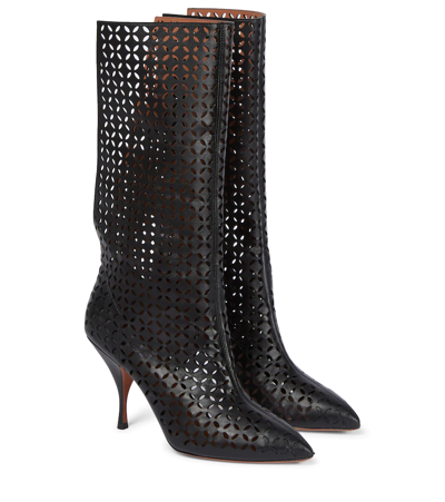 Shop Alaïa Laser-cut Leather Knee-high Boots In Noir