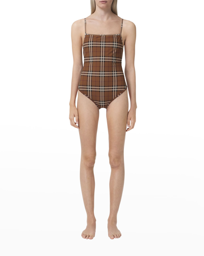 Shop Burberry Delia Check One-piece Swimsuit In Dark Birch Brown