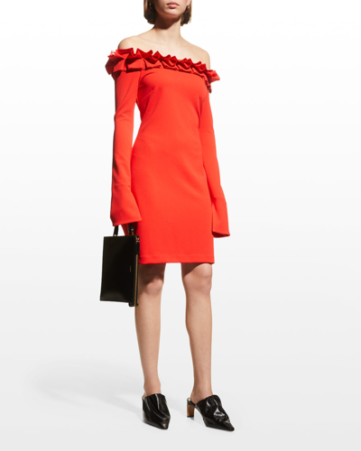 Shop Aaizél Ruffle Off-shoulder Midi Dress In Tangerine