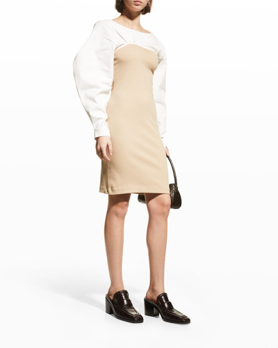 Shop Aaizél Knit Volume-sleeve Mini Dress With Woven Combo In White/stone
