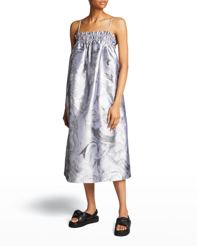 Shop Ganni Shiny Jacquard Smocked Dress In Sharkskin
