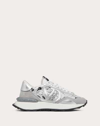 Shop Valentino Garavani Lace And Mesh Lacerunner Sneaker In Silver/pastel Gray