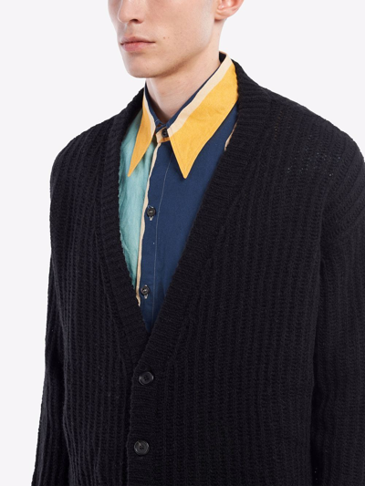 Shop Prada Shetland Wool Ribbed V-neck Cardigan In Black