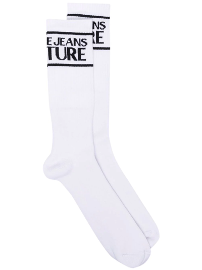 Shop Versace Jeans Couture Intarsia-knit Ankle Socks In White