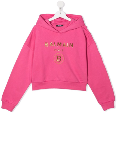 Shop Balmain Teen Cropped Sequin-logo Hoodie In Pink