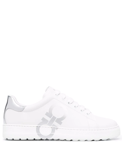 Ferragamo Gancini Metallic-effect Lace-up Sneakers In White