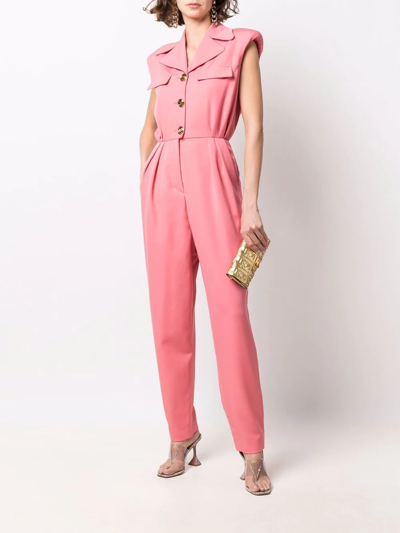 Shop Balmain Sleeveless Logo-button Wool Jumpsuit In Pink