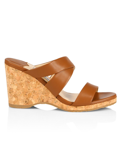 Shop Jimmy Choo Sue Leather Cork Wedge Sandals In Cuoio