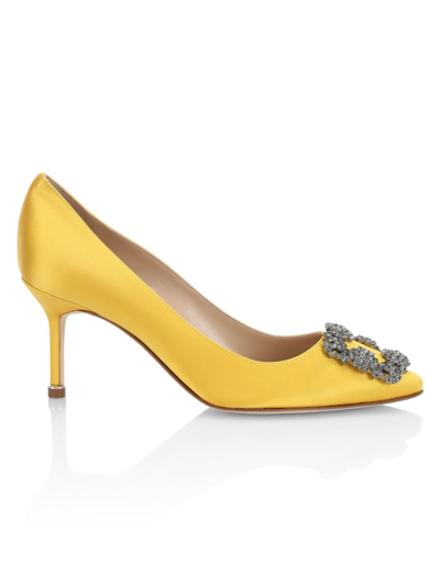 Shop Manolo Blahnik Women's Hangisi 70mm Embellished Satin Pumps In Bright Yellow