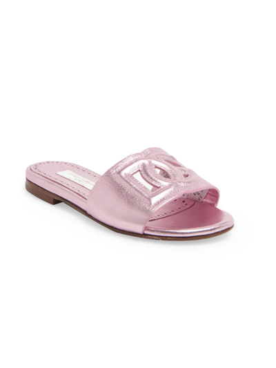 Shop Dolce & Gabbana Girl's Metallic Leather Slide Sandals In Rose