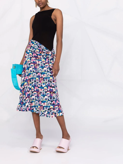 Shop Paco Rabanne Floral-print Draped Midi Skirt In Blau