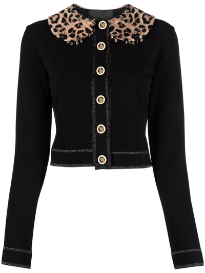 Shop Philipp Plein Leopard Print Collar Cardigan In Black