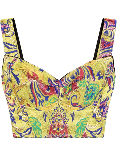 Shop Dolce & Gabbana Paisley-print Silk Crop Top In Yellow