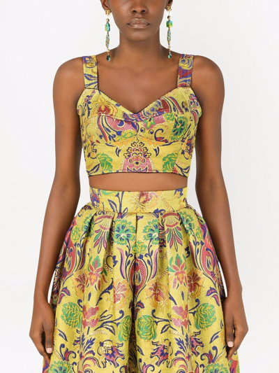 Shop Dolce & Gabbana Paisley-print Silk Crop Top In Yellow