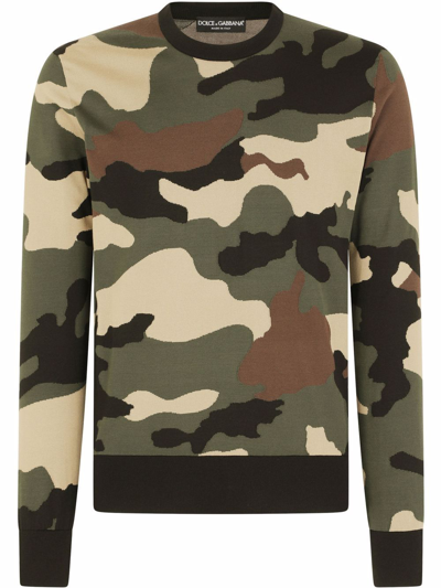 Dolce & Gabbana Silk Round-neck Sweater With Camouflage Intarsia In Green